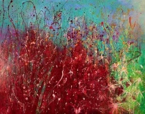 "Heutchera rossa con margherite" di Joy Moore, olio su tela